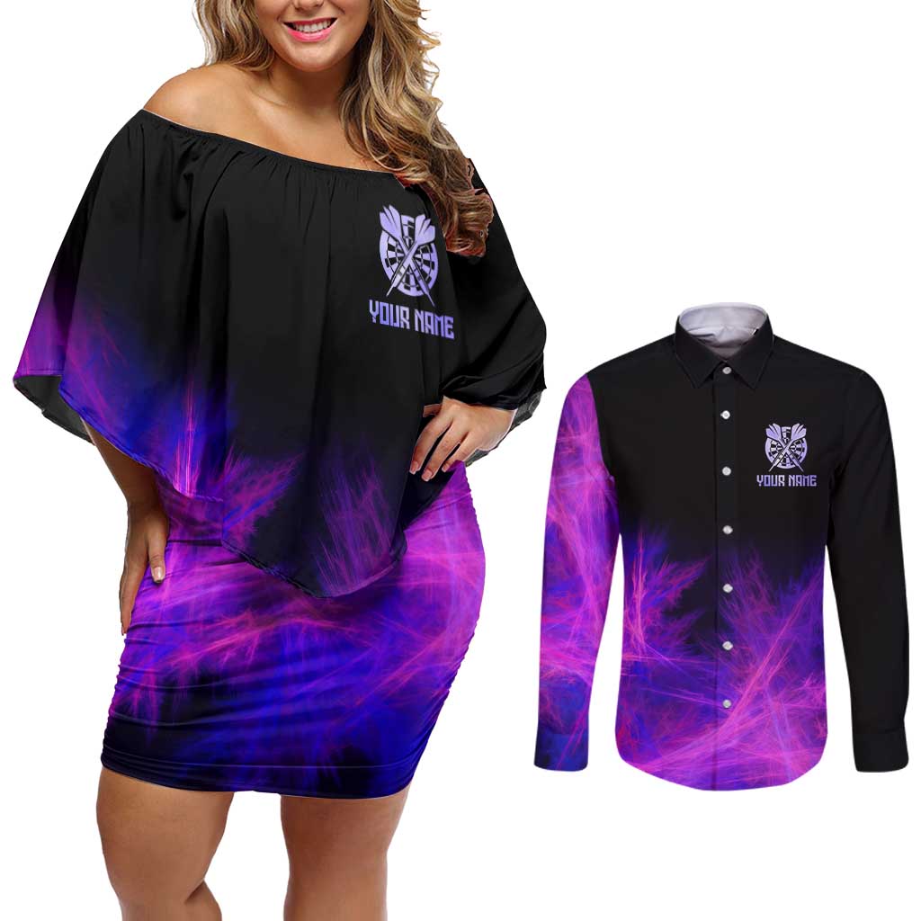 Dartboard and Darts Couples Matching Off Shoulder Short Dress and Long Sleeve Button Shirt with Purple Smoke Background and Custom Team Name - Wonder Print Shop
