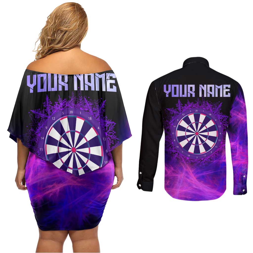 Dartboard and Darts Couples Matching Off Shoulder Short Dress and Long Sleeve Button Shirt with Purple Smoke Background and Custom Team Name - Wonder Print Shop