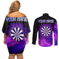 Dartboard and Darts Couples Matching Off Shoulder Short Dress and Long Sleeve Button Shirt with Purple Smoke Background and Custom Team Name - Wonder Print Shop