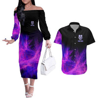 Dartboard and Darts Couples Matching Off The Shoulder Long Sleeve Dress and Hawaiian Shirt with Purple Smoke Background and Custom Team Name - Wonder Print Shop