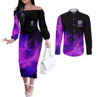 Dartboard and Darts Couples Matching Off The Shoulder Long Sleeve Dress and Long Sleeve Button Shirt with Purple Smoke Background and Custom Team Name - Wonder Print Shop