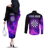 Dartboard and Darts Couples Matching Off The Shoulder Long Sleeve Dress and Long Sleeve Button Shirt with Purple Smoke Background and Custom Team Name - Wonder Print Shop