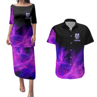 Dartboard and Darts Couples Matching Puletasi and Hawaiian Shirt with Purple Smoke Background and Custom Team Name - Wonder Print Shop