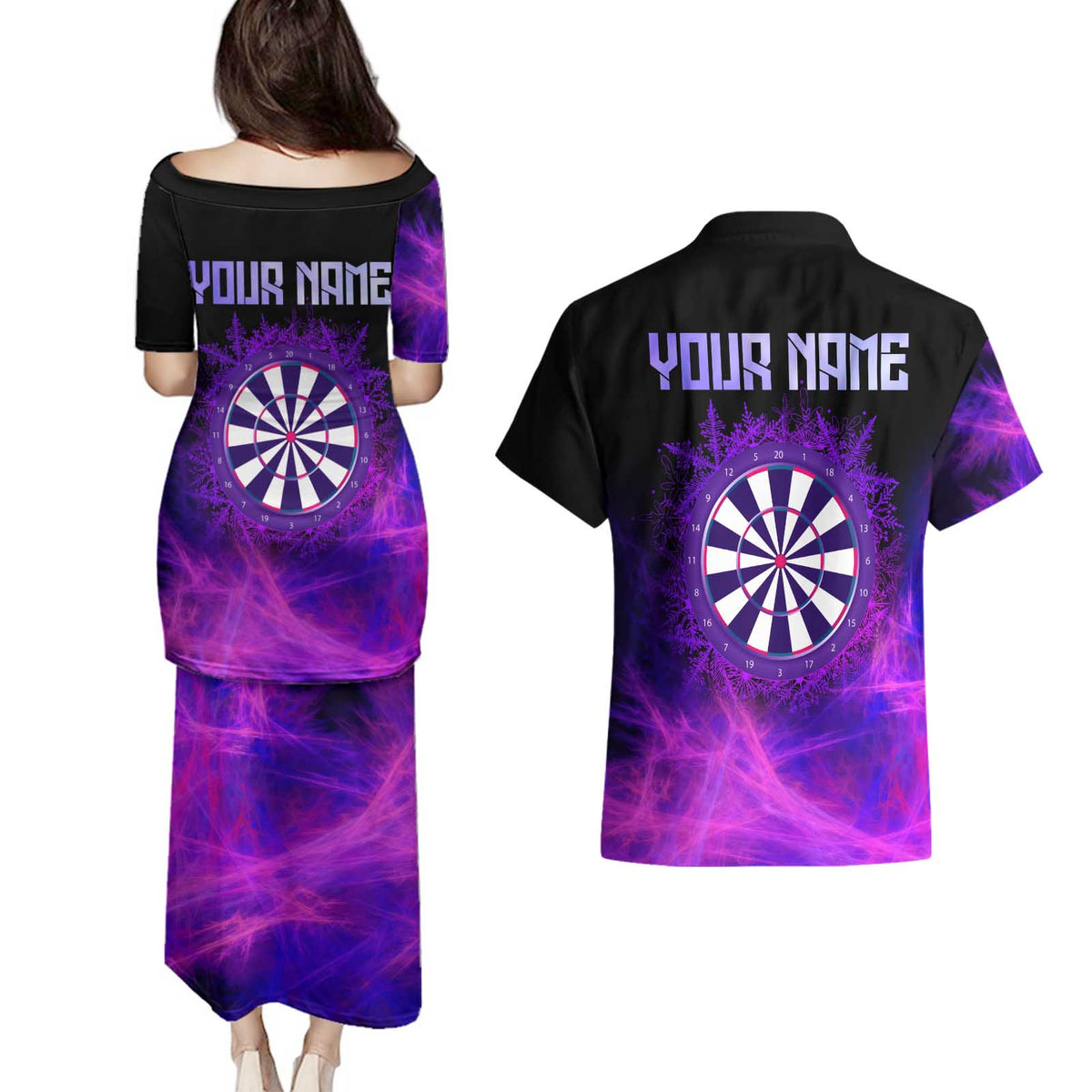 Dartboard and Darts Couples Matching Puletasi and Hawaiian Shirt with Purple Smoke Background and Custom Team Name - Wonder Print Shop
