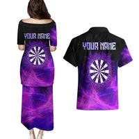 Dartboard and Darts Couples Matching Puletasi and Hawaiian Shirt with Purple Smoke Background and Custom Team Name - Wonder Print Shop