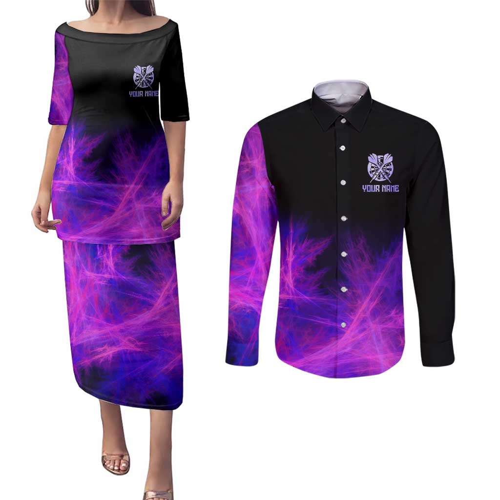 Dartboard and Darts Couples Matching Puletasi and Long Sleeve Button Shirt with Purple Smoke Background and Custom Team Name - Wonder Print Shop