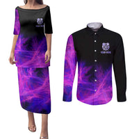 Dartboard and Darts Couples Matching Puletasi and Long Sleeve Button Shirt with Purple Smoke Background and Custom Team Name - Wonder Print Shop