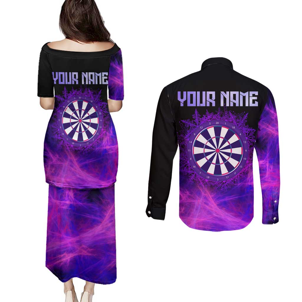 Dartboard and Darts Couples Matching Puletasi and Long Sleeve Button Shirt with Purple Smoke Background and Custom Team Name - Wonder Print Shop