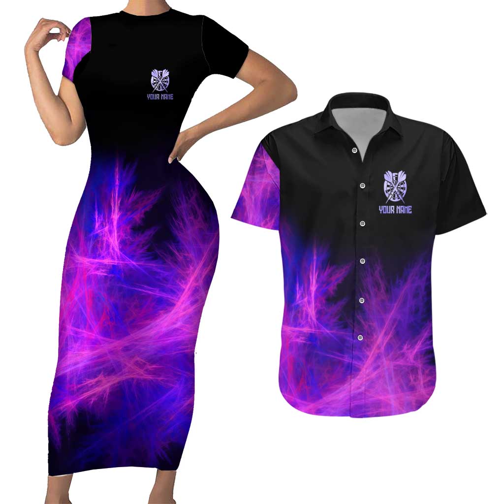 Dartboard and Darts Couples Matching Short Sleeve Bodycon Dress and Hawaiian Shirt with Purple Smoke Background and Custom Team Name - Wonder Print Shop