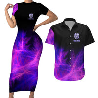 Dartboard and Darts Couples Matching Short Sleeve Bodycon Dress and Hawaiian Shirt with Purple Smoke Background and Custom Team Name - Wonder Print Shop