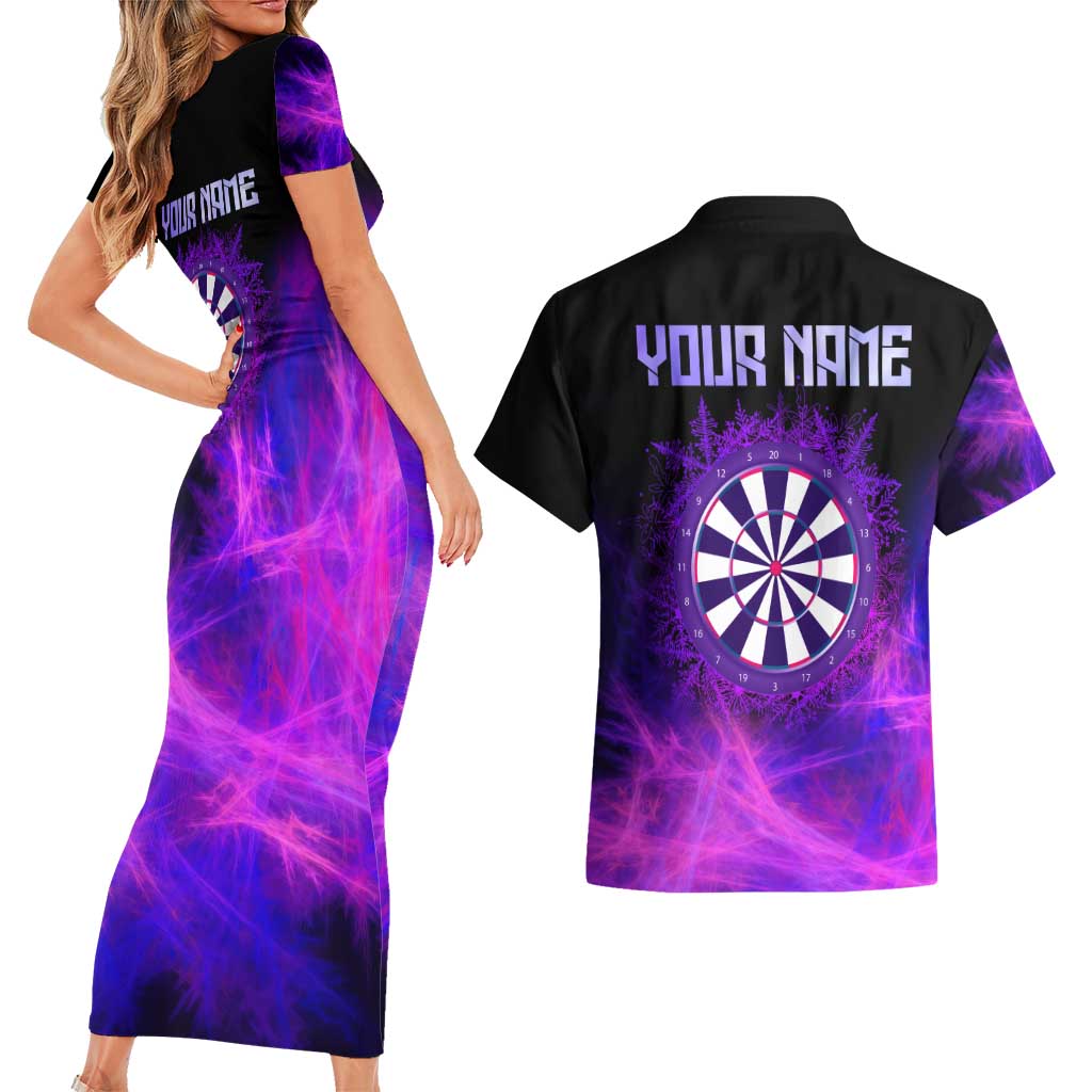 Dartboard and Darts Couples Matching Short Sleeve Bodycon Dress and Hawaiian Shirt with Purple Smoke Background and Custom Team Name - Wonder Print Shop