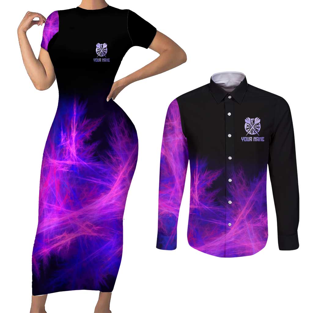 Dartboard and Darts Couples Matching Short Sleeve Bodycon Dress and Long Sleeve Button Shirt with Purple Smoke Background and Custom Team Name - Wonder Print Shop