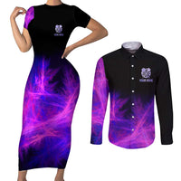 Dartboard and Darts Couples Matching Short Sleeve Bodycon Dress and Long Sleeve Button Shirt with Purple Smoke Background and Custom Team Name - Wonder Print Shop