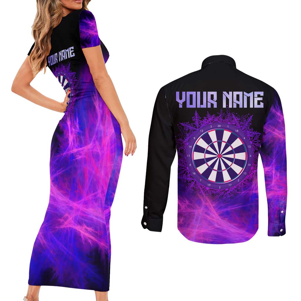 Dartboard and Darts Couples Matching Short Sleeve Bodycon Dress and Long Sleeve Button Shirt with Purple Smoke Background and Custom Team Name - Wonder Print Shop
