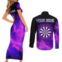 Dartboard and Darts Couples Matching Short Sleeve Bodycon Dress and Long Sleeve Button Shirt with Purple Smoke Background and Custom Team Name - Wonder Print Shop