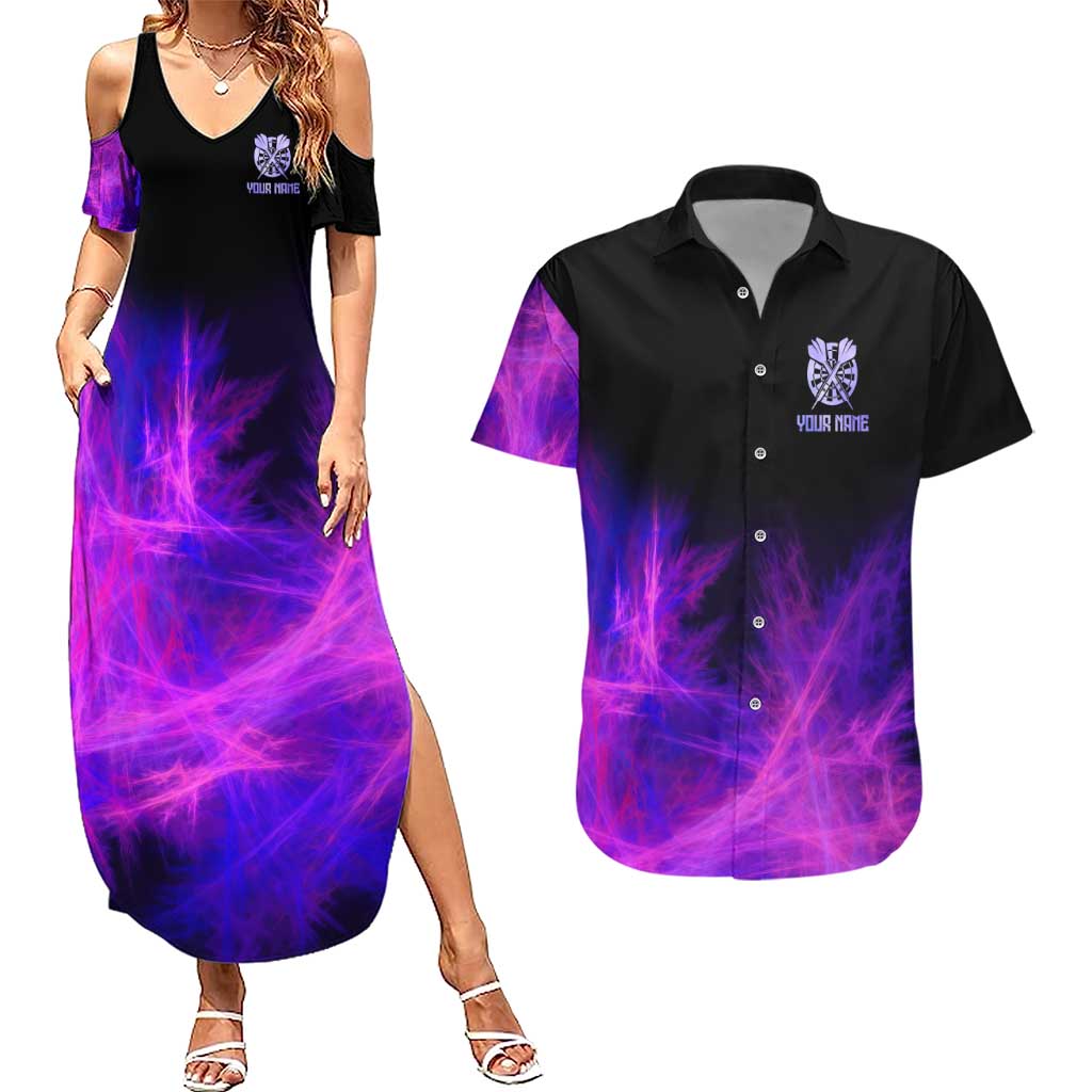 Dartboard and Darts Couples Matching Summer Maxi Dress and Hawaiian Shirt with Purple Smoke Background and Custom Team Name - Wonder Print Shop
