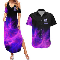 Dartboard and Darts Couples Matching Summer Maxi Dress and Hawaiian Shirt with Purple Smoke Background and Custom Team Name - Wonder Print Shop