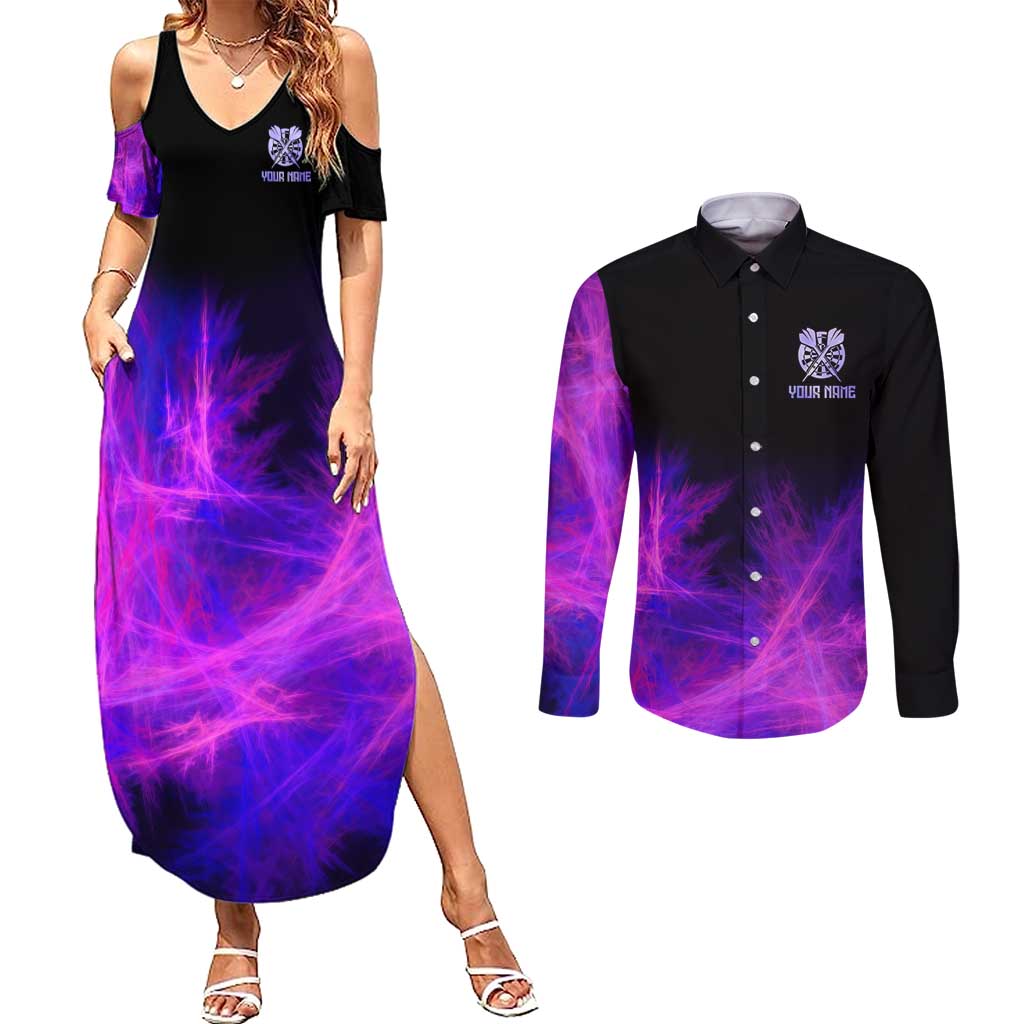 Dartboard and Darts Couples Matching Summer Maxi Dress and Long Sleeve Button Shirt with Purple Smoke Background and Custom Team Name - Wonder Print Shop