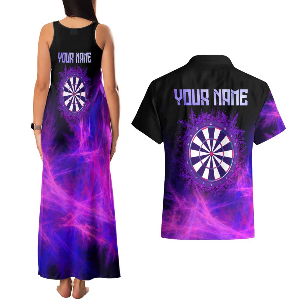 Dartboard and Darts Couples Matching Tank Maxi Dress and Hawaiian Shirt with Purple Smoke Background and Custom Team Name - Wonder Print Shop