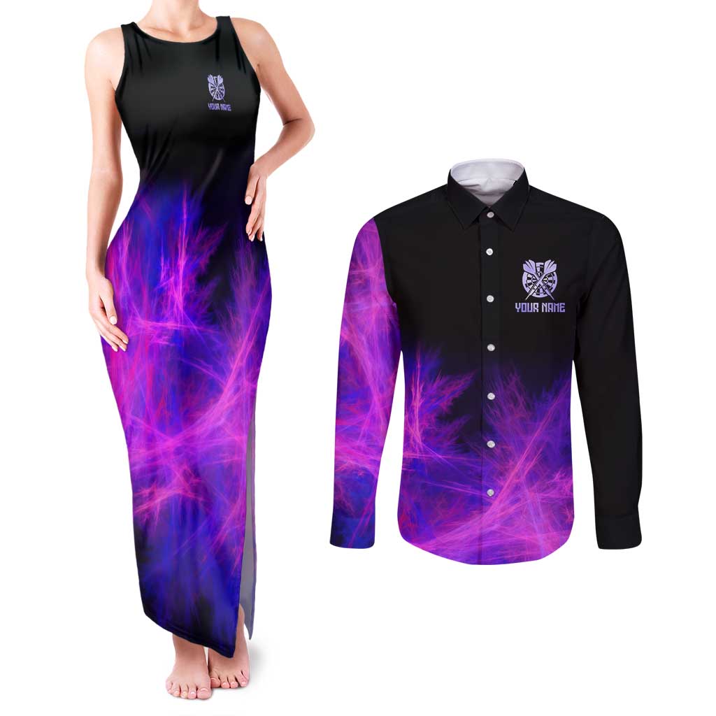Dartboard and Darts Couples Matching Tank Maxi Dress and Long Sleeve Button Shirt with Purple Smoke Background and Custom Team Name - Wonder Print Shop