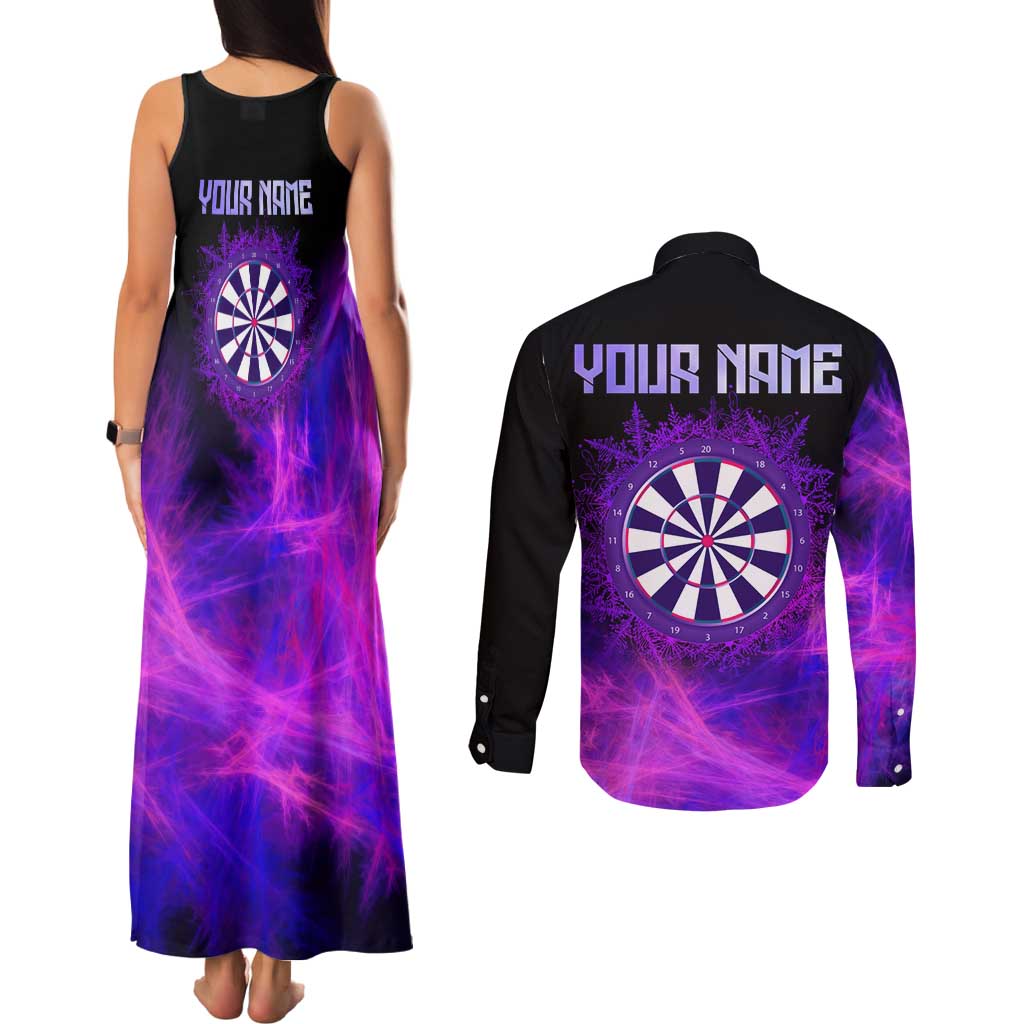 Dartboard and Darts Couples Matching Tank Maxi Dress and Long Sleeve Button Shirt with Purple Smoke Background and Custom Team Name - Wonder Print Shop