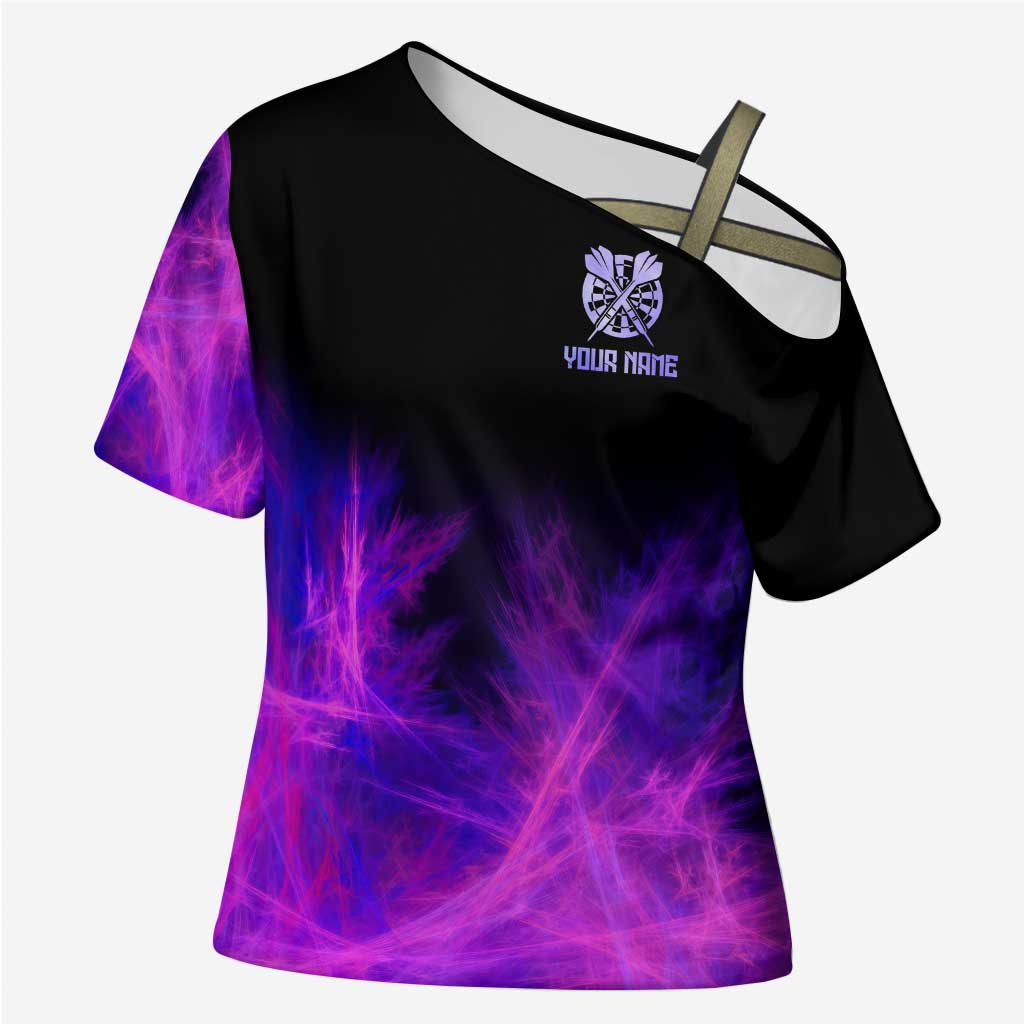 Dartboard and Darts Cross Shoulder Shirt with Purple Smoke Background and Custom Team Name - Wonder Print Shop