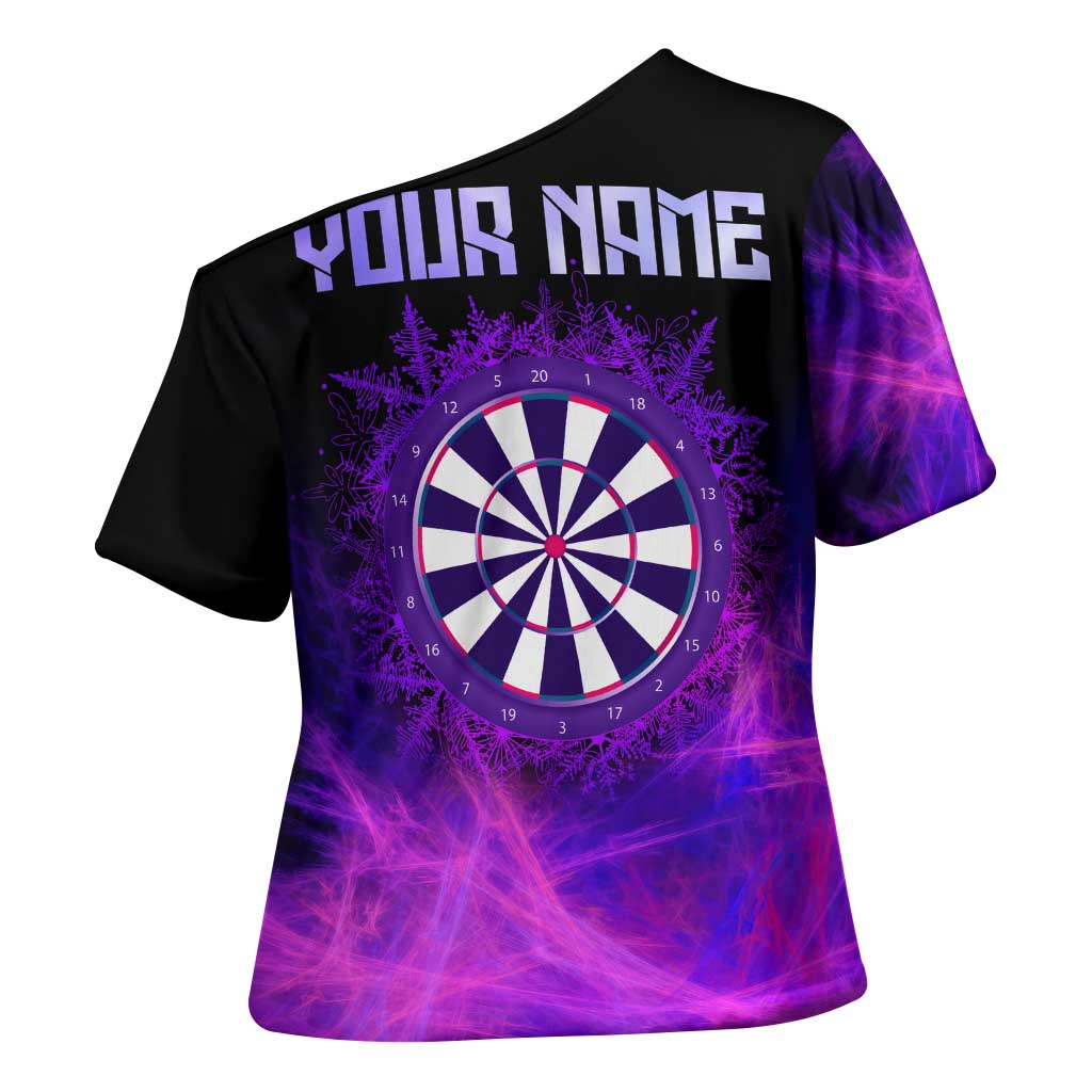 Dartboard and Darts Cross Shoulder Shirt with Purple Smoke Background and Custom Team Name - Wonder Print Shop