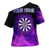 Dartboard and Darts Cross Shoulder Shirt with Purple Smoke Background and Custom Team Name - Wonder Print Shop