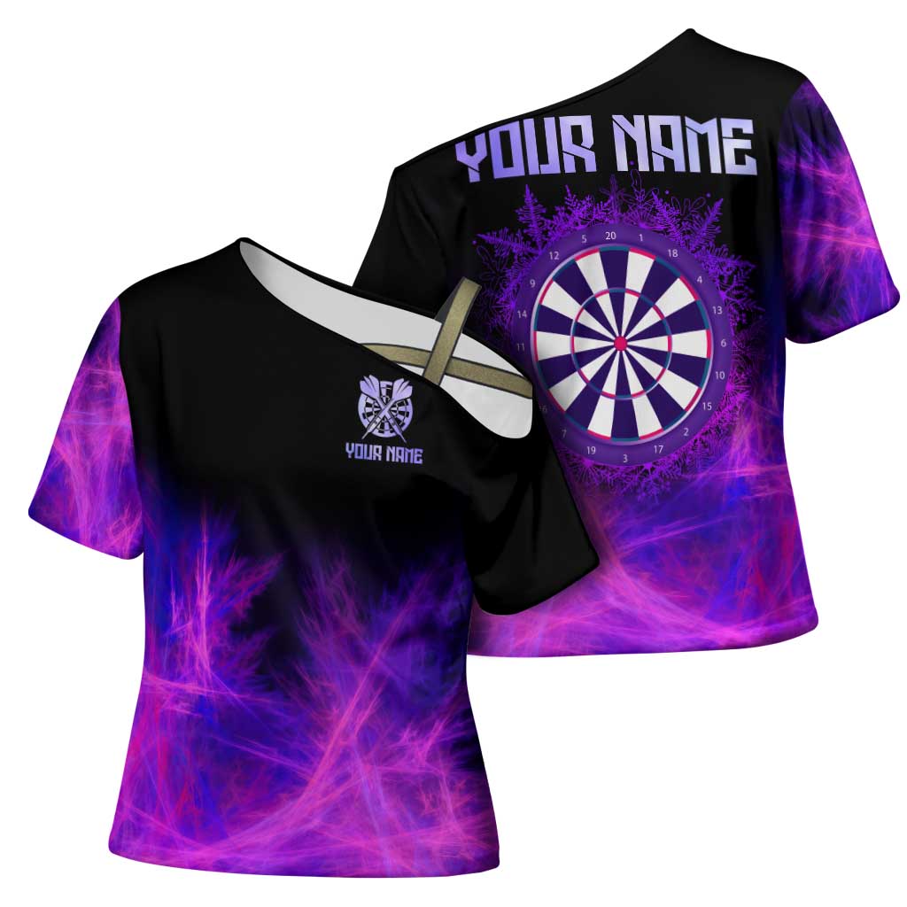 Dartboard and Darts Cross Shoulder Shirt with Purple Smoke Background and Custom Team Name - Wonder Print Shop