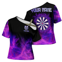 Dartboard and Darts Cross Shoulder Shirt with Purple Smoke Background and Custom Team Name - Wonder Print Shop