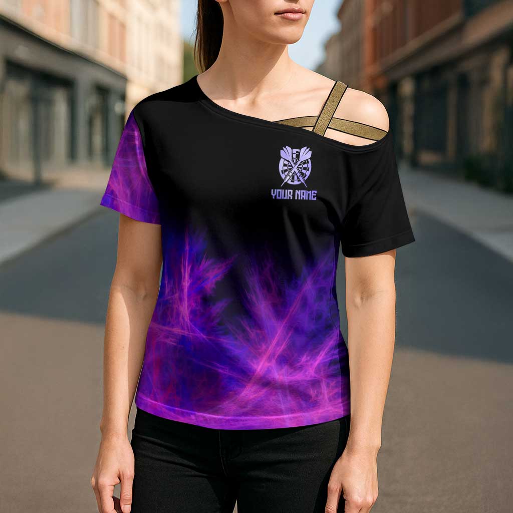 Dartboard and Darts Cross Shoulder Shirt with Purple Smoke Background and Custom Team Name - Wonder Print Shop