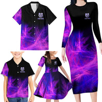 Dartboard and Darts Family Matching Long Sleeve Bodycon Dress and Hawaiian Shirt with Purple Smoke Background and Custom Team Name - Wonder Print Shop