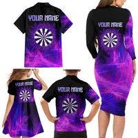 Dartboard and Darts Family Matching Long Sleeve Bodycon Dress and Hawaiian Shirt with Purple Smoke Background and Custom Team Name - Wonder Print Shop