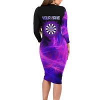 Dartboard and Darts Family Matching Long Sleeve Bodycon Dress and Hawaiian Shirt with Purple Smoke Background and Custom Team Name - Wonder Print Shop