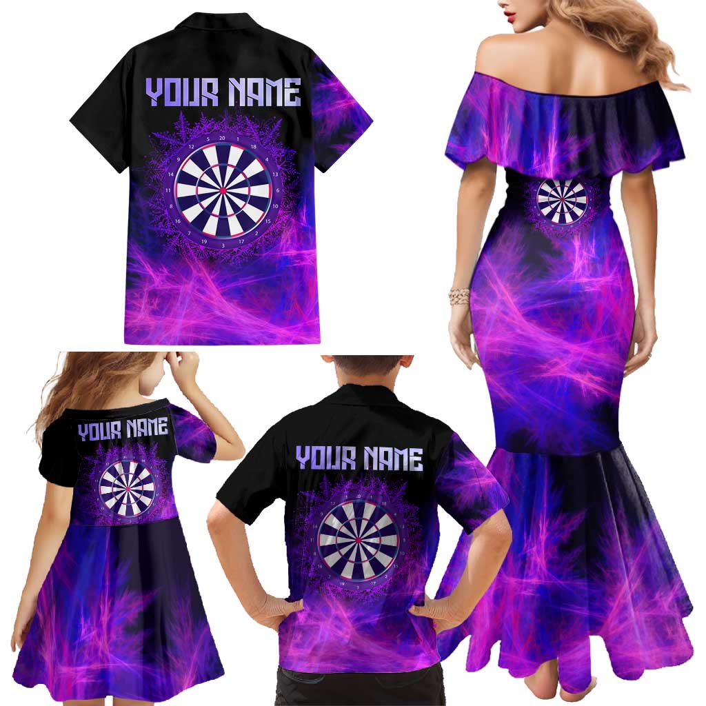 Dartboard and Darts Family Matching Mermaid Dress and Hawaiian Shirt with Purple Smoke Background and Custom Team Name - Wonder Print Shop