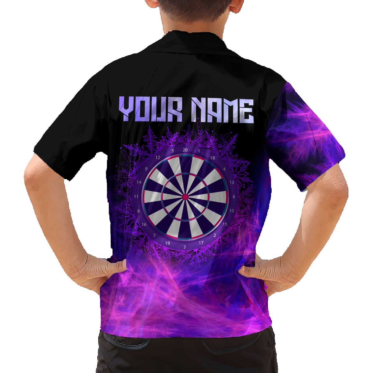 Dartboard and Darts Family Matching Off The Shoulder Long Sleeve Dress and Hawaiian Shirt with Purple Smoke Background and Custom Team Name - Wonder Print Shop