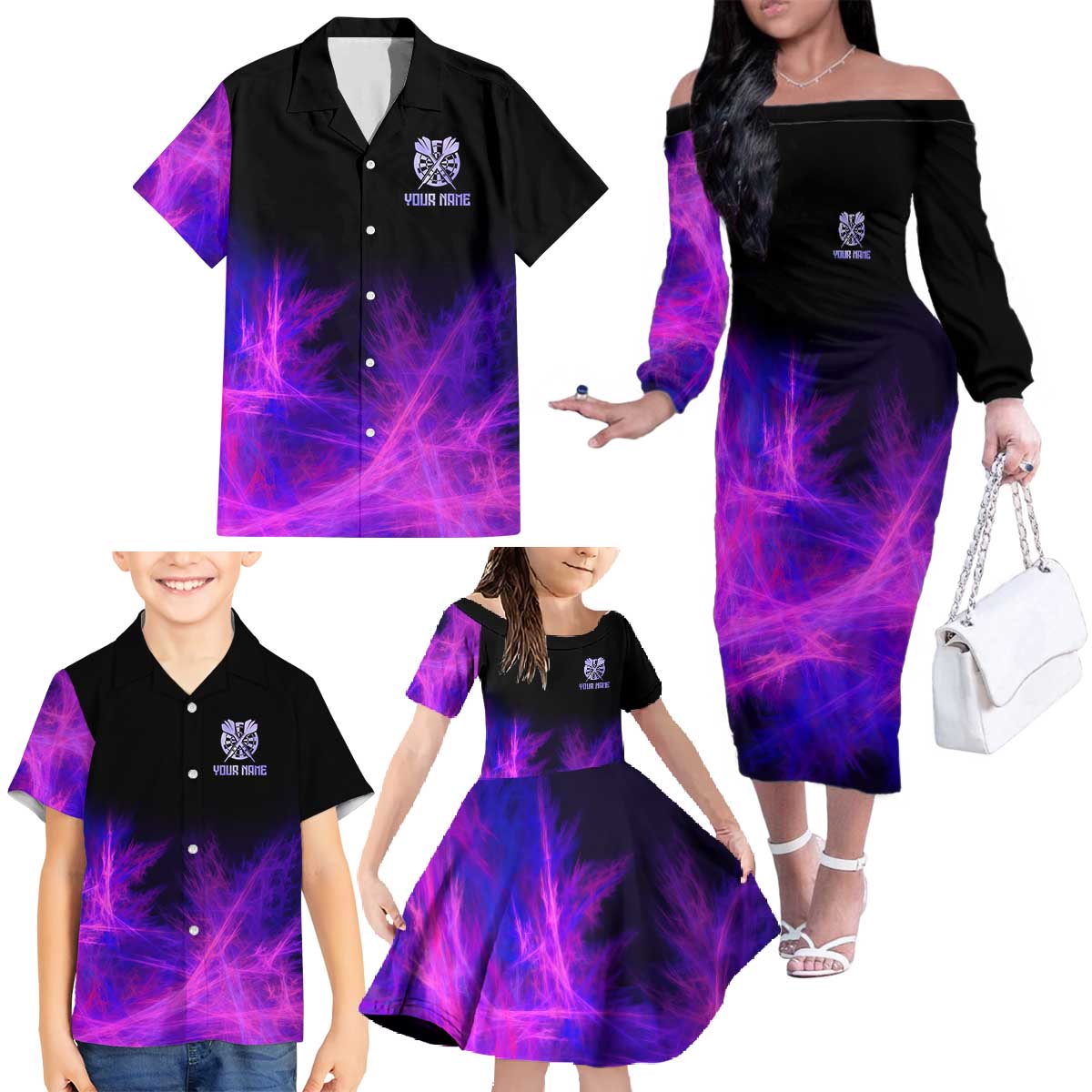 Dartboard and Darts Family Matching Off The Shoulder Long Sleeve Dress and Hawaiian Shirt with Purple Smoke Background and Custom Team Name - Wonder Print Shop