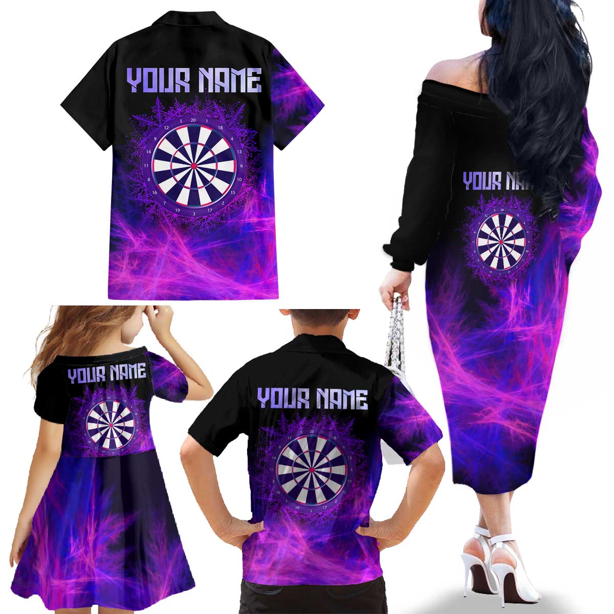 Dartboard and Darts Family Matching Off The Shoulder Long Sleeve Dress and Hawaiian Shirt with Purple Smoke Background and Custom Team Name - Wonder Print Shop