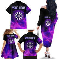 Dartboard and Darts Family Matching Off The Shoulder Long Sleeve Dress and Hawaiian Shirt with Purple Smoke Background and Custom Team Name - Wonder Print Shop