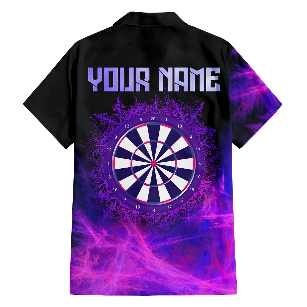 Dartboard and Darts Family Matching Off The Shoulder Long Sleeve Dress and Hawaiian Shirt with Purple Smoke Background and Custom Team Name - Wonder Print Shop