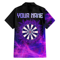 Dartboard and Darts Family Matching Off The Shoulder Long Sleeve Dress and Hawaiian Shirt with Purple Smoke Background and Custom Team Name - Wonder Print Shop