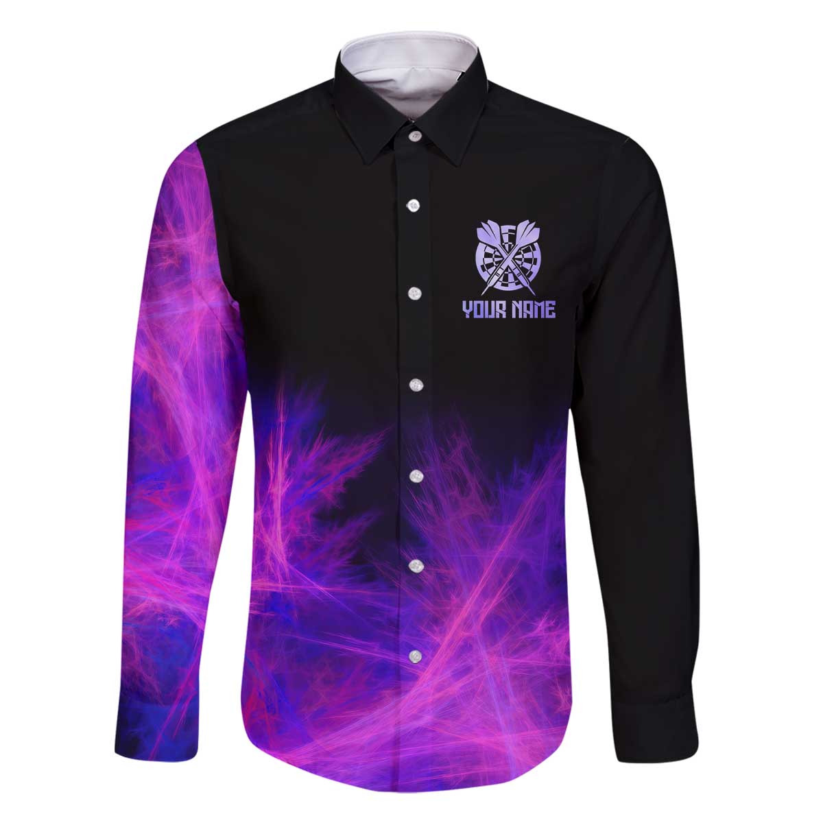 Dartboard and Darts Family Matching Off The Shoulder Long Sleeve Dress and Hawaiian Shirt with Purple Smoke Background and Custom Team Name - Wonder Print Shop