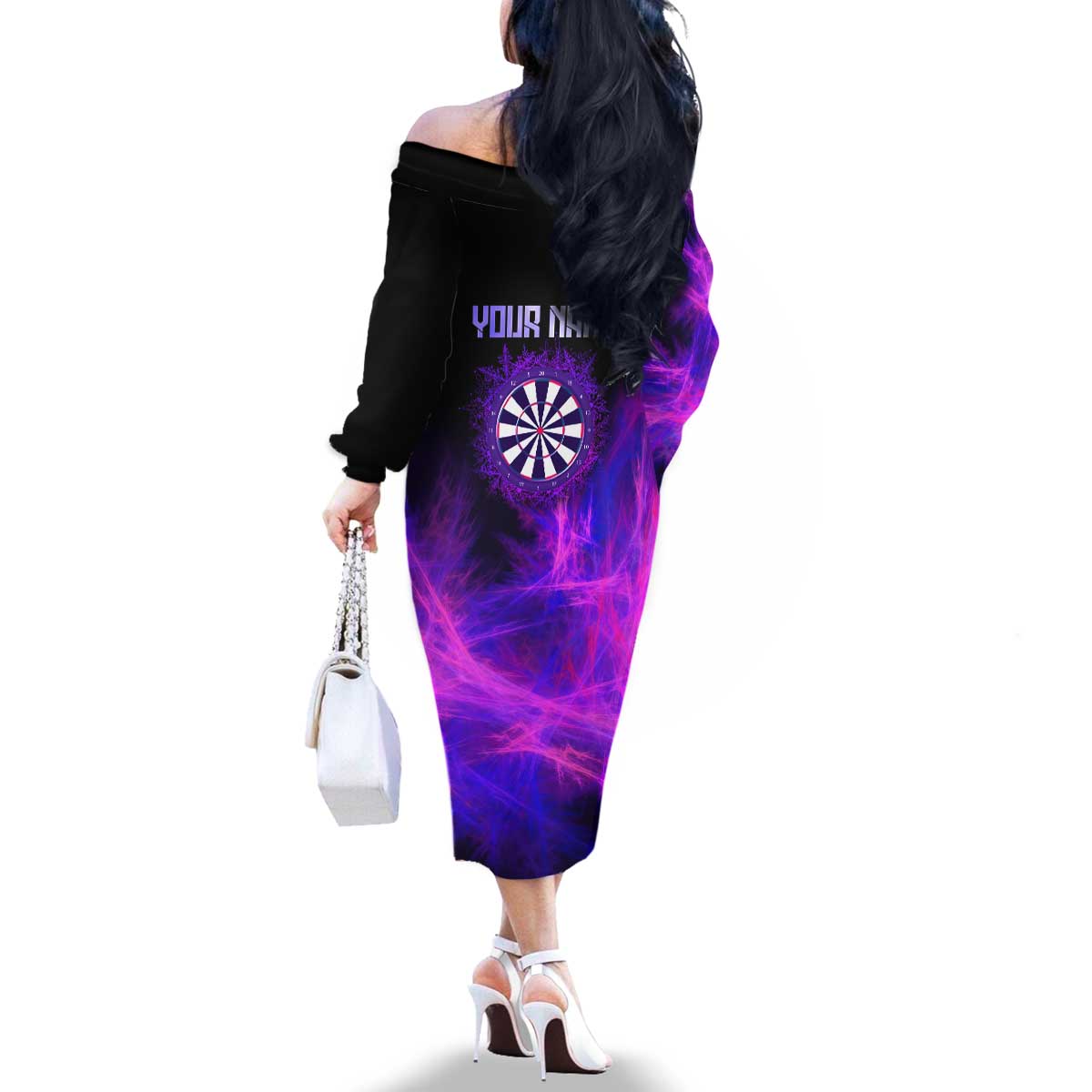 Dartboard and Darts Family Matching Off The Shoulder Long Sleeve Dress and Hawaiian Shirt with Purple Smoke Background and Custom Team Name - Wonder Print Shop