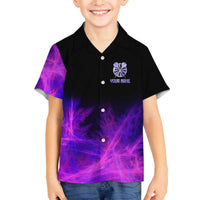 Dartboard and Darts Family Matching Off The Shoulder Long Sleeve Dress and Hawaiian Shirt with Purple Smoke Background and Custom Team Name - Wonder Print Shop