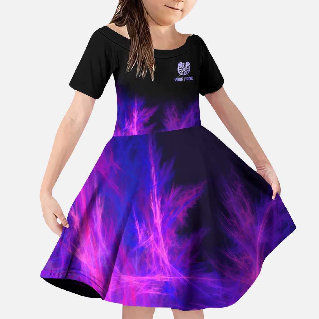 Dartboard and Darts Family Matching Off Shoulder Maxi Dress and Hawaiian Shirt with Purple Smoke Background and Custom Team Name - Wonder Print Shop