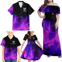 Dartboard and Darts Family Matching Off Shoulder Maxi Dress and Hawaiian Shirt with Purple Smoke Background and Custom Team Name - Wonder Print Shop