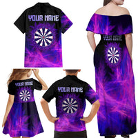 Dartboard and Darts Family Matching Off Shoulder Maxi Dress and Hawaiian Shirt with Purple Smoke Background and Custom Team Name - Wonder Print Shop