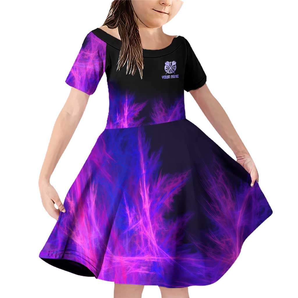 Dartboard and Darts Family Matching Off Shoulder Short Dress and Hawaiian Shirt with Purple Smoke Background and Custom Team Name - Wonder Print Shop