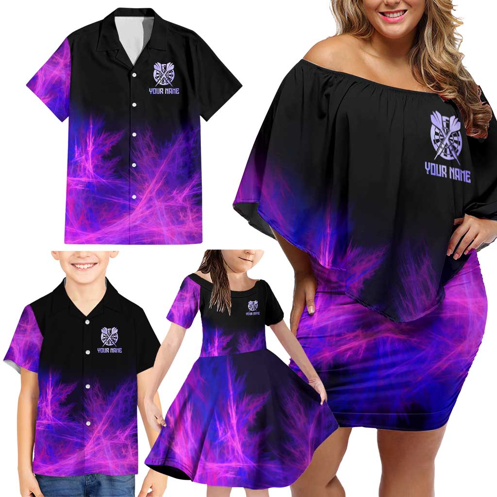 Dartboard and Darts Family Matching Off Shoulder Short Dress and Hawaiian Shirt with Purple Smoke Background and Custom Team Name - Wonder Print Shop