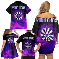 Dartboard and Darts Family Matching Off Shoulder Short Dress and Hawaiian Shirt with Purple Smoke Background and Custom Team Name - Wonder Print Shop